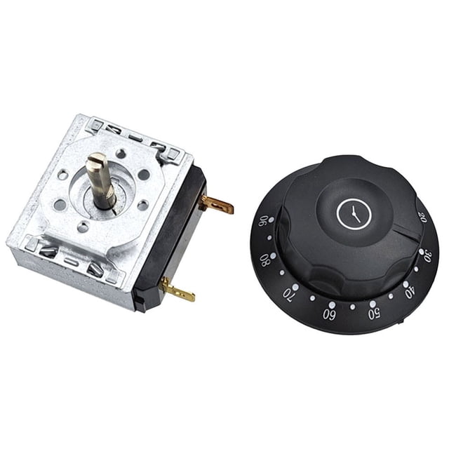 30/60/90/120Min Knob Timer Switch with bell for cabinet microwave oven and mechanical rice cooker. Compact black knob with metal base, designed for flexible time settings and precise cooking management. Ideal for ovens, microwaves, and steamers.