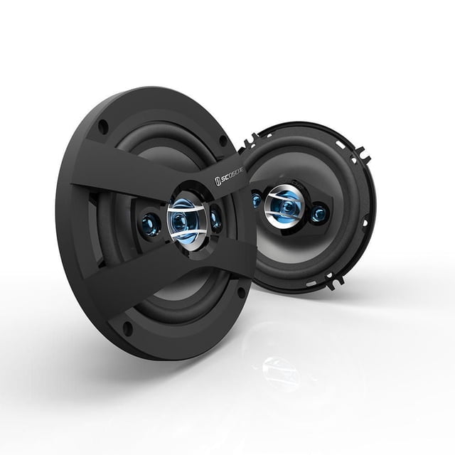 Scosche HD Speakers for Cars 6.5" - 6.75" set with two round car speakers featuring durable rubber surrounds, IMPP polypropylene cones, blue 3-way triaxial tweeters, and one black protective grill with Scosche branding, designed for clear, high-definition car audio.