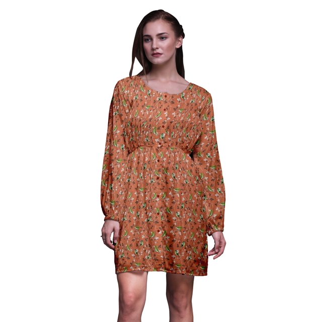 Bimba Robe Midi à Manches Longues pour Femmes, Coupe Décontractée, Imprimée de Feuilles Orange et d'Oiseau Flowerpecker, Boutonnée - Xxx-Grand