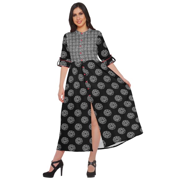 Moomaya Robe Kurti d'Été à Manches Courtes Imprimée, Tunique Ligne A pour Femmes