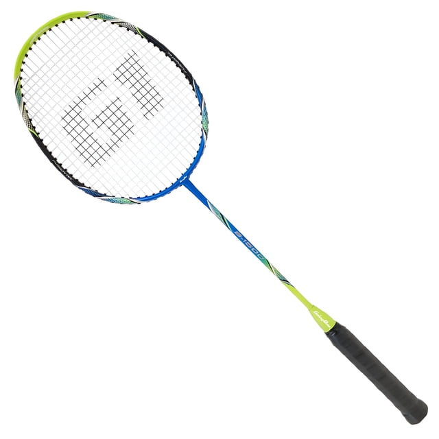 Going One Indoor Badminton Racket featuring a one-piece carbon shaft and aluminum head. The racket has a blue and green design with a G5 grip size and weighs 2U (91 grams). It includes a built-in T-joint for enhanced stability and reduced vibrations. The handle provides a comfortable grip and impact absorption, making it suitable for high school and collegiate players. The racket measures 26 inches in length and is designed for power and control during intense rallies.