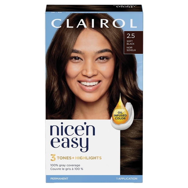 Clairol Nice'n Easy Teinture Capillaire Permanente en 2.5 Noir Doux avec 3 Tons et Mèches, Offrant une Couverture des Cheveux Gris à 100 % et une Couleur Infusée d'Huile pour une Brillance Naturelle. la Boîte Montre des Cheveux Noirs Longs et Doux avec de Subtils Mèches, Conçue pour une application et une Couleur Durable.