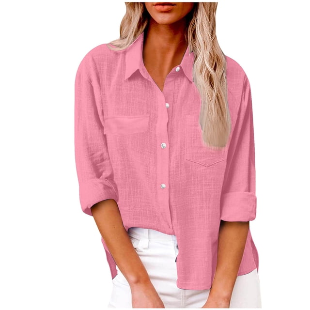Timegard Womens Shirts Lapel Neck Long Sleeve Button up Side Split Work Casual Loose Blouse with Pocket