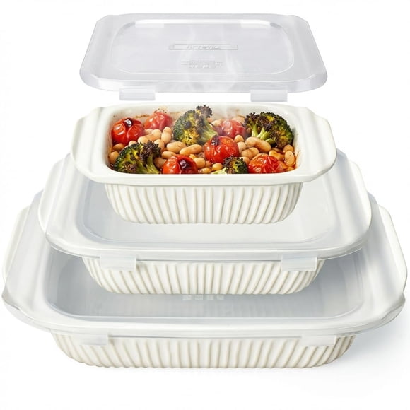 Artena Casserole Dishes For Oven, Ceramic Baking Dish, Large Lasagna Pan With Handles, Baking Pan Casserole Dish, Rectangular Bakeware Deep, White, Set Of 3 (5.1Qt/2.3Qt/1.1Qt)