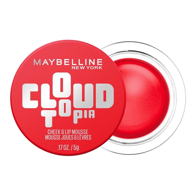 Maybelline New York Cloudtopia Blush, Cheek & Lip Mousse in Divine Crimson, 5 g, in a clear round jar with a red lid featuring silver and white text, showing a smooth, vibrant red mousse with a blurred matte finish for long-lasting cheek and lip color.