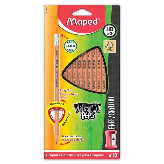 Maped FSC triangular HB pencils with eraser end pack of 12 plus one 1-hole sharpener, made of latex-free wood with easy grip triangular design and resistant graphite leads, shown in green and orange packaging with FSC logo and HB #2 marking.