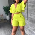 thumbnail image 4 of Mikilon Womens Oversized Stylish Outfits 2 Piece Set Ruffle Short Sleeve V-Neck Top Casual Shorts Summer Plus Size Suit Ruffle Short Sleeve V-Neck Top Casual Shorts Summer Plus Size Suits Green L, 4 of 9