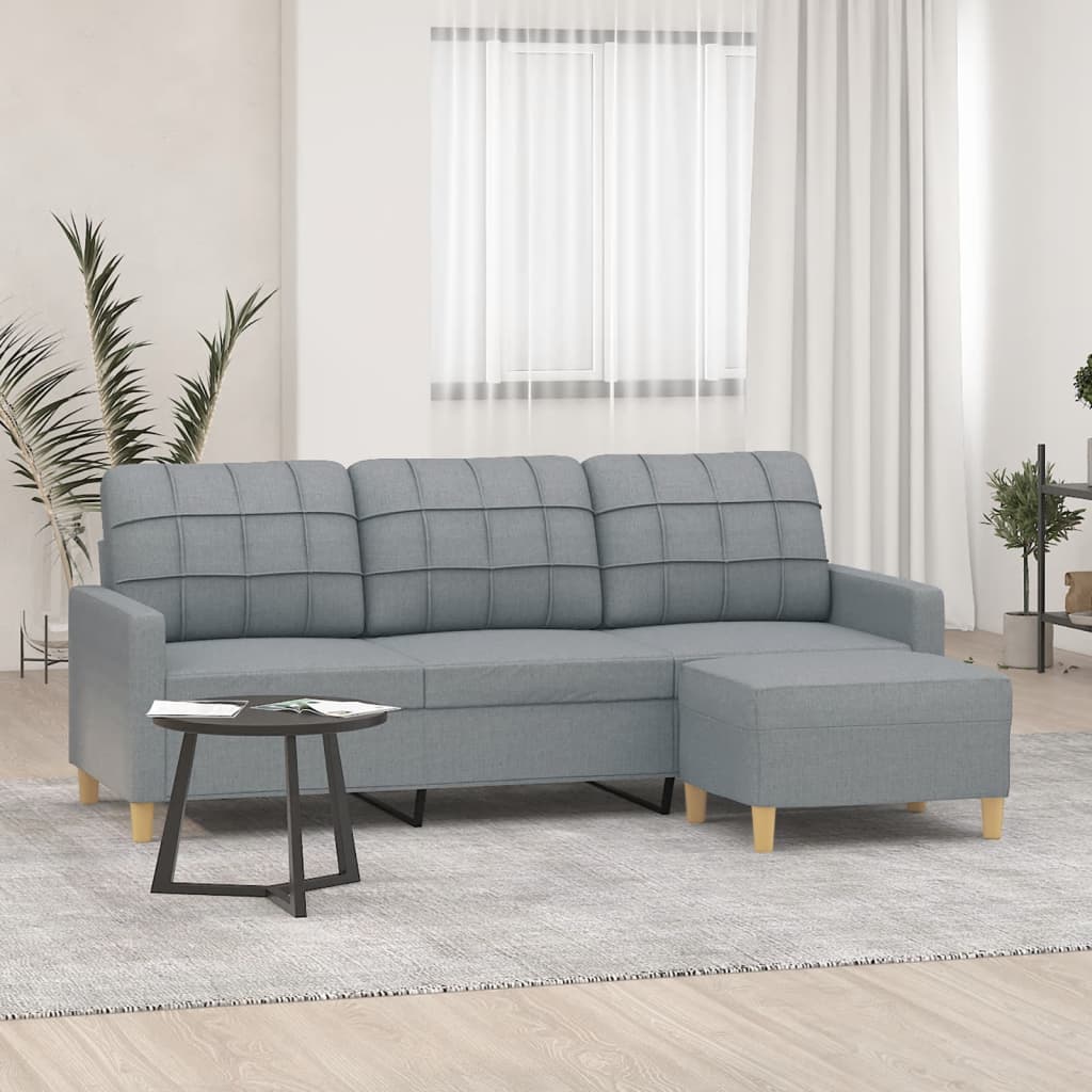 vidaXL Adult 3-Seater Sofa with Footstool, Light Grey Fabric, 180 cm