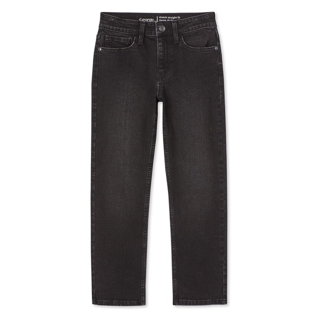 George Boys' Straight Denim black jeans made from a cotton-rich blend with 1% spandex for stretch, featuring a classic 5-pocket design, belt loops, button and zipper fly closure, and straight legs ideal for boys' everyday bottoms and casual wear.