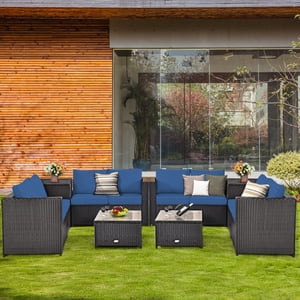 Gymax 8PCS Cushioned Rattan Patio Conversation Set w/ Side Table Navy Cushion