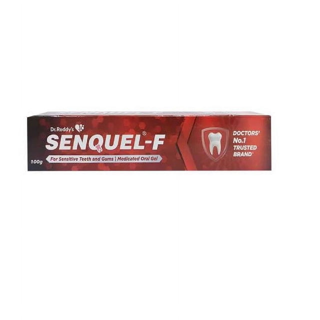 Senquel-F Foaming Medicated Oral Gel for sensitive teeth and gums, 100 gm toothpaste by Dr. Reddy's. Designed for oral care, it helps manage dental hypersensitivity, tooth decay, and bad breath. The red packaging features white text and a tooth icon, emphasizing its medicated gel formula.