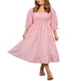 thumbnail image 1 of Femmes Été Robe Bohème Adultes Off-Épaule Smocked Puff Manches Plaid une Seule Pièce, 1 of 7