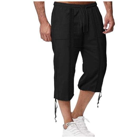 YUEVE Men's Cargo Shorts Below Knee Length 3/4 Capri Pants Fashion Casual Loose Linen Shorts Drawstring Elastic Waist Workout Gym Shorts with Pockets