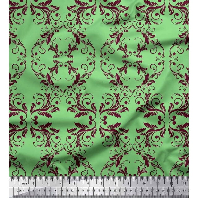 Soimoi Green polyester Crepe Fabric Quaterfoil Damask Fabric Prints By Yard 42 Inch Wide