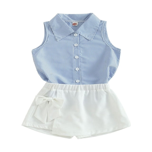 2PCS Toddler Girls Summer Outfits Sleeveless Button Down Striped Shirt + Bow Shorts Set