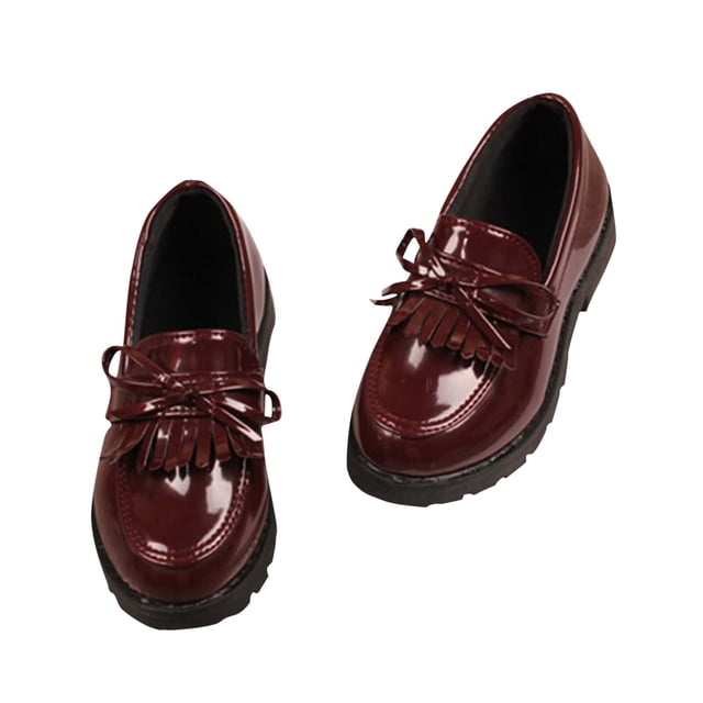 Mocassins à Plateforme pour Fille, à Enfiler, Chaîne, Talon Épais, Ballerines en Cuir, Bout Rond, Chaussures d'Uniforme Scolaire, Robe, Rouge, 2-3 Ans