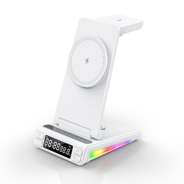 Wireless Charging Station Mobile Phone Watch Headphone Charger With Alarm Clock