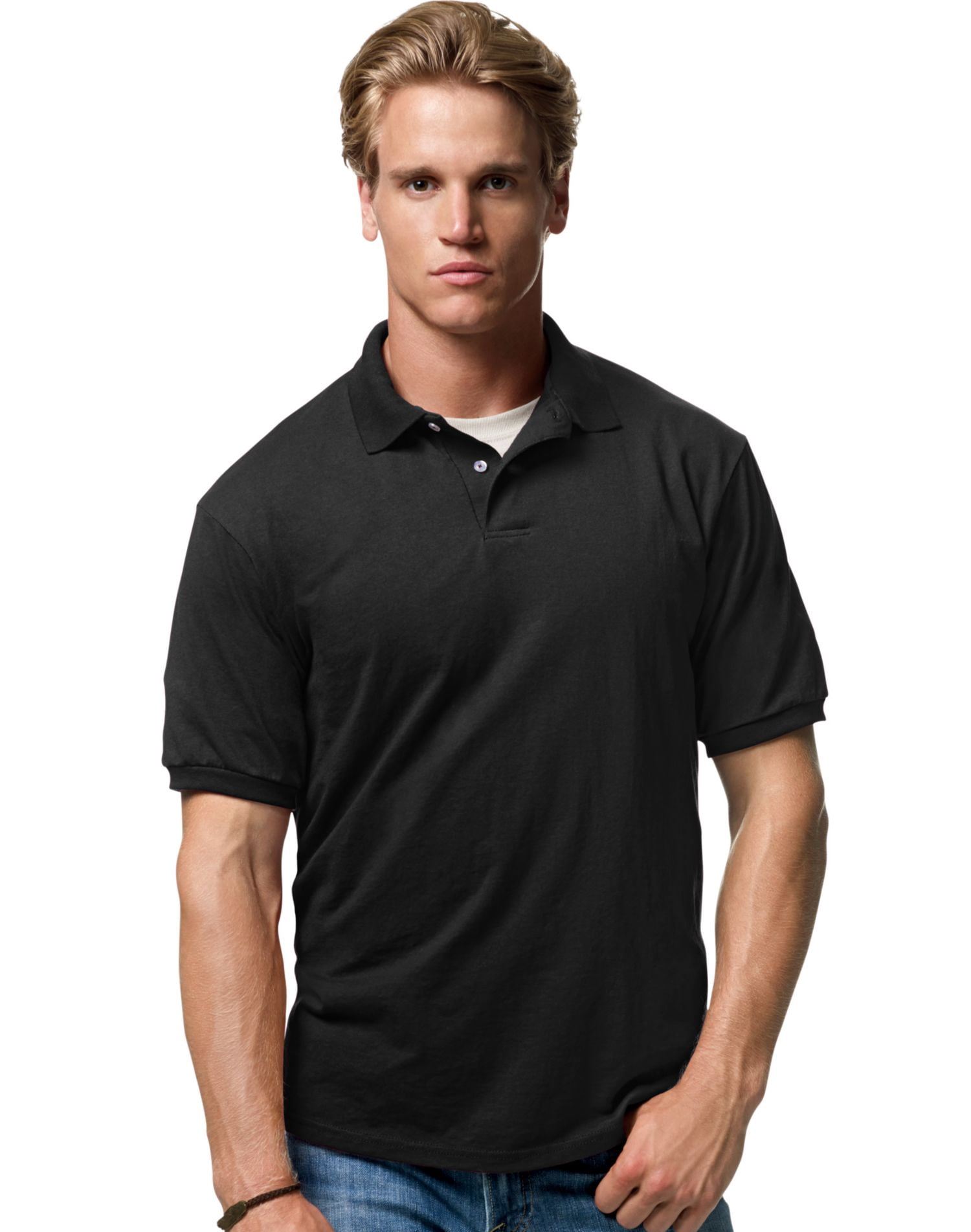 Hanes Cotton-Blend Men`s Jersey Polo, XL, Black