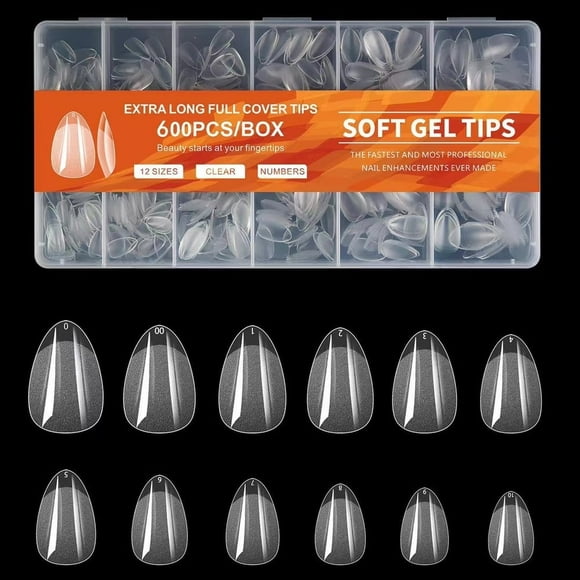 CNKOO 600pcs Short Almond Nail Tips Soft Gel X Nail Tips Almond Short Clear Fake Nails Full Cover Acrylic Nail Tips for Extension Nail Manicure Salon Home DIY