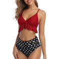 thumbnail image 3 of Women Two Piece Swimsuits High Waisted Ruffle Flounce Bikini V Neck Tummy Control Bathing Suit Dark Red Polka Dot (XL, 3 of 6