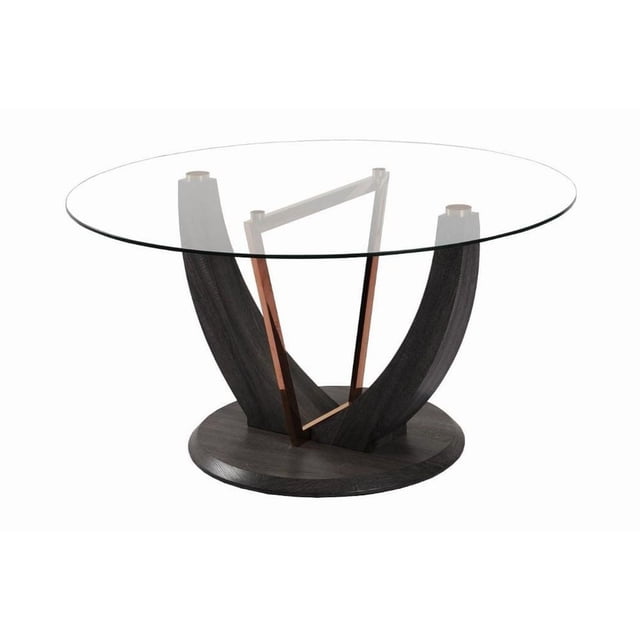 Canadian Table de Salle à Manger Ron Norway en Or Rose avec un Dessus et un Cadre Inférieurs Ronds en Verre Trempé Transparent en Placage de Bois Charbon Foncé, avec des supports Courbés et des accents Métalliques Or Rose, Convient à la Cuisine et aux Salles à Manger et à la Déco Moderne.