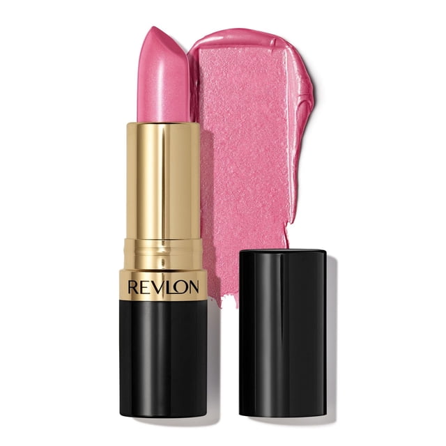 Revlon Super Lustrous Pearl Lipstick in creamy pink with black and gold tube, uncapped beside a pearl finish swatch, featuring a conditioning formula and rich microfine pigments for soft, fuller-looking lips.
