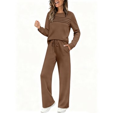 Breezora Women's 2 Piece Lounge Set Comfortable Pullover with Wide Leg Pants Casual Outfit XL Size Coffee