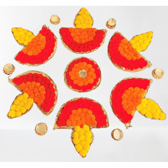 13 Pcs Diya Shaped Pom Pom Rangoli Set for Diwali and Indian Festivities — front-facing group of 13 decorative diya-shaped pieces arranged in a semi-circle; each piece has a painted gold base topped with clusters of multicolored yarn pom poms in red, yellow, green and orange and small glitter accents; photographed close-up on a plain white background, suitable for Diwali décor and tabletop rangoli accents and often used to border floor rangoli or decorate mantels.