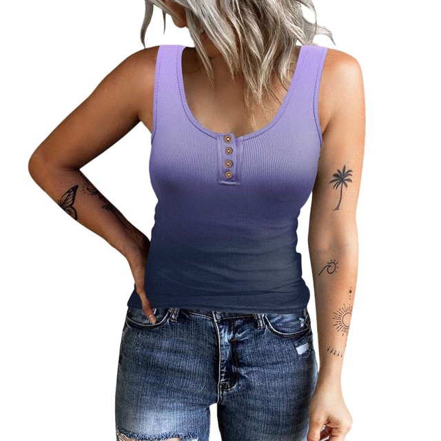 Mrat Women Summer Stretch Slim Round Neck Ribbed Tank Basic Gradient Tops Long Tank Tops for Women S-30 Purple L