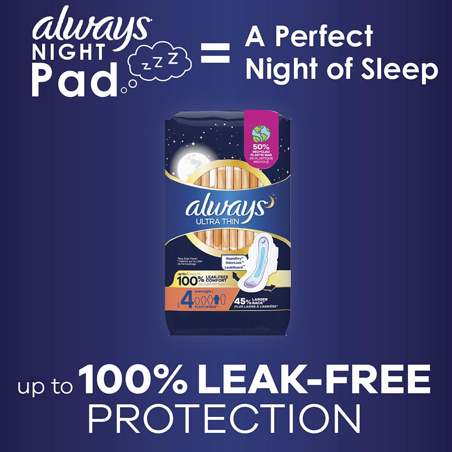 Always Serviettes de Nuit Ultra Minces avec Ailes Flexi, Taille 4, Nuit, Non Parfumées