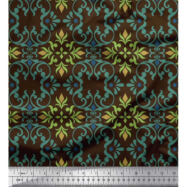 Soimoi Brown polyester Crepe Fabric Moroccan Damask Fabric Prints By Yard 42 Inch Wide