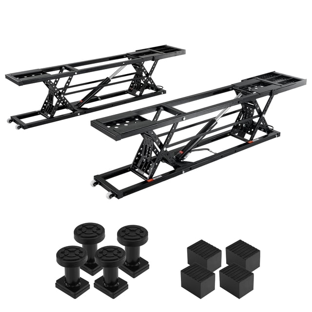 KFFKFF Vehicle Elevator, a scissor lift with a 7,000 lbs weight capacity, crafted from durable carbon steel. Features include long plates for stability, adjustable lifting columns, rubber pads, and mechanical safety locks. Offers a maximum lift height of 26.8 inches, powered by 120V, suitable for trucks and personal garage use. Includes accessories like handles, wheels, and extension plates for setup.