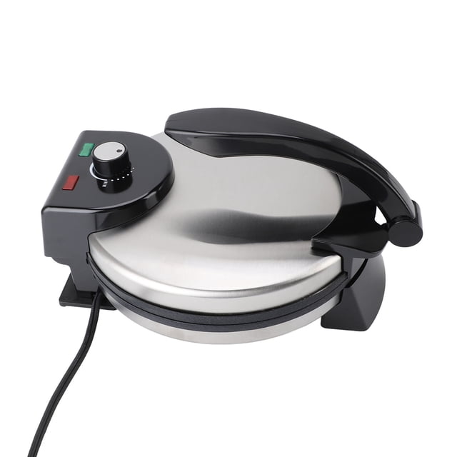 Roti Maker Machine, Easy Cleaning Electric Crepe Maker with a 10-inch cooking surface, featuring a stainless steel cover and black handle. Equipped with adjustable temperature control and indicator lights for precise cooking. Designed for making tortillas, crepes, and pancakes, with a durable aluminum alloy and stainless steel construction. Includes a 110V US plug and 1100W power for fast heating.