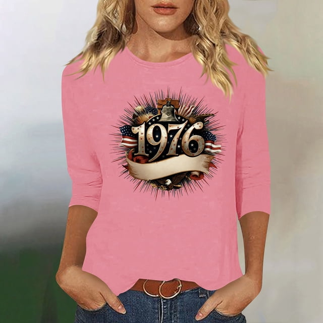 Uootdi Hauts pour Femmes Manches 3/4 Col Rond Imprimé Palmier Coucher de Soleil 1976 Coupe Décontractée Rétro Plage Vacances T-Shirts Cadeau