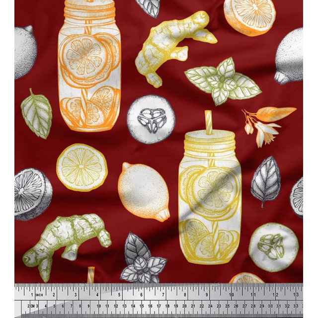 Soimoi Rayon Fabric Lemon Slice Jar,Cucumber & Ginger Vegetable Decor Fabric Printed Yard 56 Inch Wide
