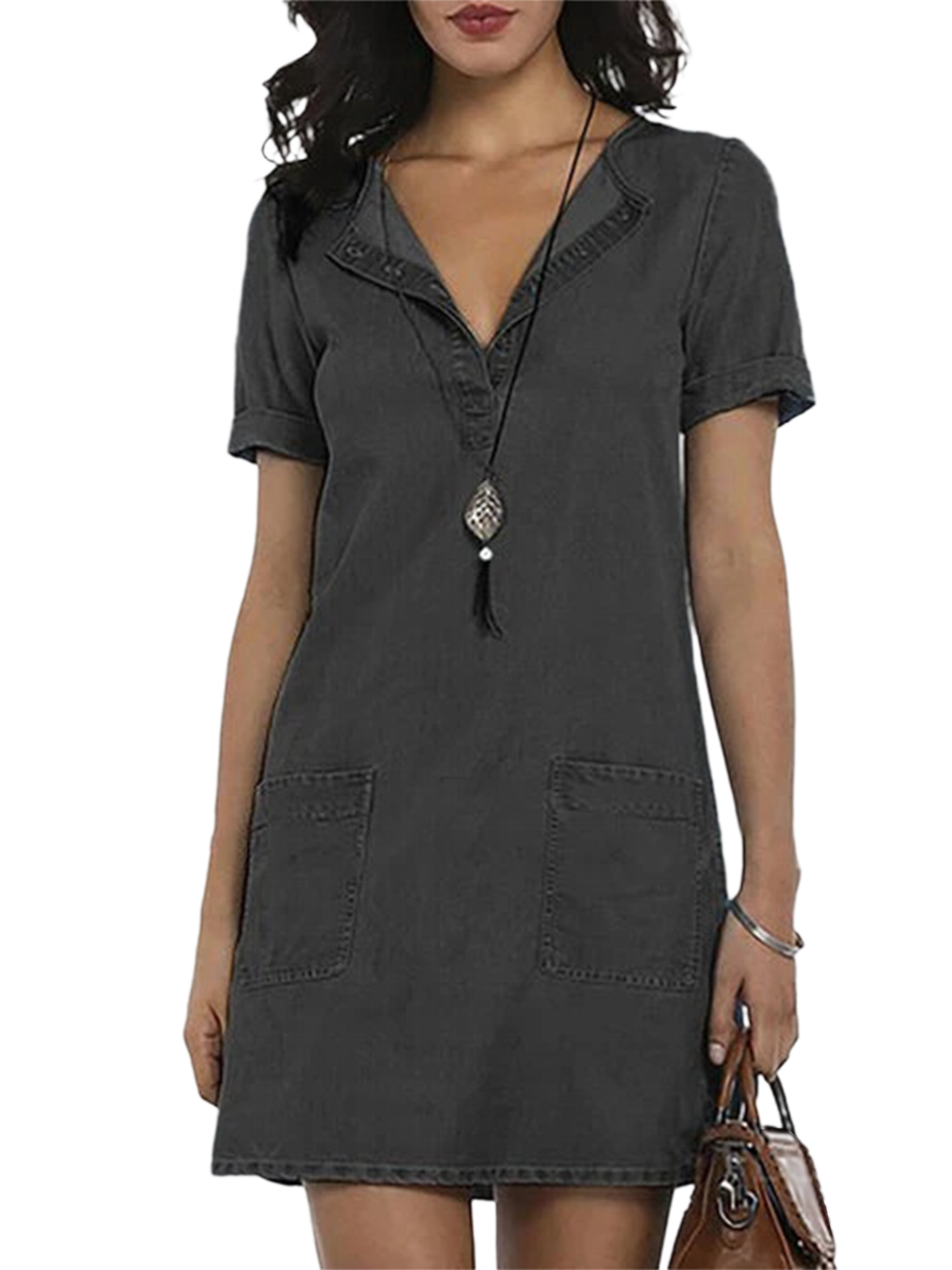 Innerwin Short Mini Dresses Solid Color Ladies Denim Dress Holiday Side Pocekts Simple Sundress Black S