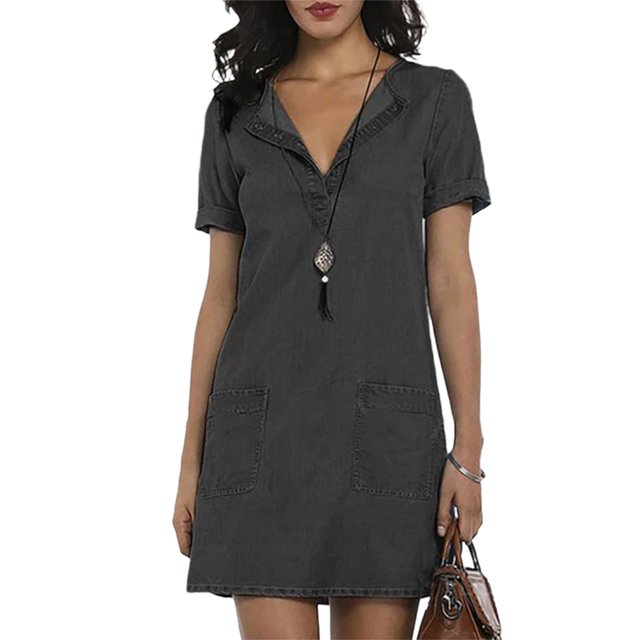 Innerwin Short Mini Dresses Solid Color Ladies Denim Dress Holiday Side Pocekts Simple Sundress Black S