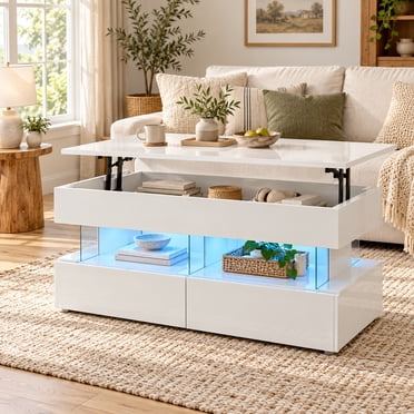 Homy Casa 39.3 Inch Lift Top Coffee Table with LED Lights, 2 Drawers and Acrylic Shelves, High Gloss White