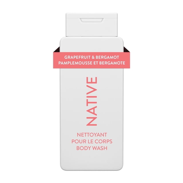 Native Natural Body Wash Grapefruit & Bergamot in a white rectangular bottle with flip-top cap, labeled in pink bilingual text, sulfate and paraben free, designed for bath and shower use, suitable for hydrating and cleansing skin.