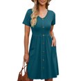 thumbnail image 4 of TopLLC Robe de Plage pour Femme Été à Manches Courtes Col en V Robe Débardeur Décontractée Boutonnée Taille Élastique Robes Évasées avec Poche, 4 of 8