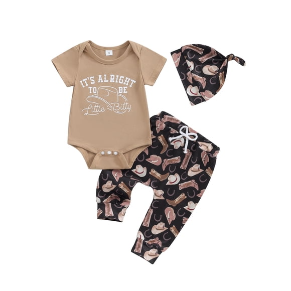 Gupgi Baby Boy Western Clothes Cowboy Letter Short Sleeve Romper Boots Print Pants Hat Newborn Infant 3Pcs Country Outfit