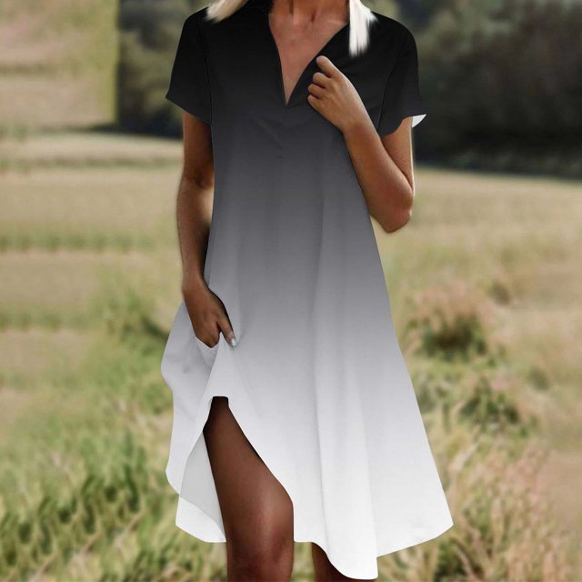 Ovzne Robes pour Femmes Robe Mode Femme Dégradé Imprimé Col en V Manches Courtes Ample et Confortable Robe d'Été Manches Courtes Imprimée Liquidation