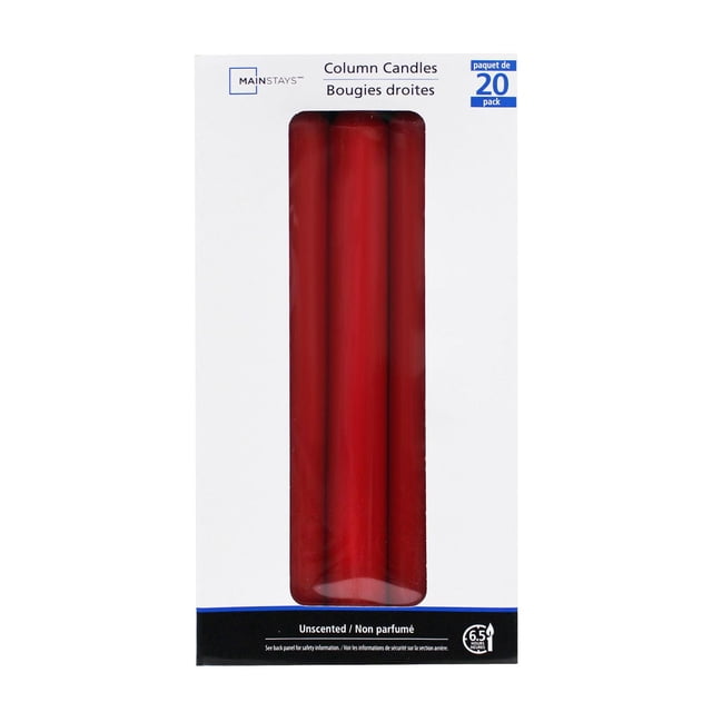 Mainstays 8 inch unscented red column candles pack showing three smooth red wax candles with cotton wicks inside a white box labeled for indoor Christmas decoration and ambient lighting, ideal for holiday settings or everyday use.
