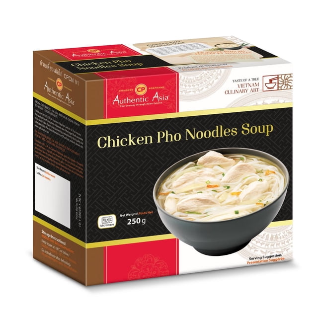 Authentic Asia Chicken Pho Noodle Soup 250 g box displaying a black bowl filled with chicken breast slices, rice noodles, and green onions in a clear savory broth, representing a traditional Vietnamese low-calorie soup ready to microwave for a quick meal.