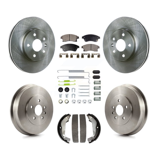 Transit Auto Front Rear Disc Brake Rotors Ceramic Pads and Drum Kit (7Pc) for Chevrolet Cruze Limited K8T-102371. Includes 2 front disc brake rotors, 2 rear brake drums, 1 front ceramic brake pad set with hardware, 1 rear drum brake hardware kit, and 1 rear drum brake shoe set. Designed for 2011-2016 Chevrolet Cruze models with drum rear brakes. Features SilentGrip™ low resin ceramic formula for superior braking performance and MetalliX™ semi-metallic compound for high temperature tolerance. Covered by a limited lifetime warranty.