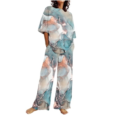 Pisexur Pyjama de Détente et de Nuit pour Femme Grande Taille, Été, Décontracté, Floral, Ensemble de Pyjama 2 Pcs, Haut à Manches Courtes Ultra Doux avec Pantalon, Tenue de Détente et de Nuit, Ensembles de Pyjamas pour Dames avec Poches