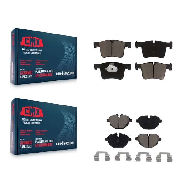 CMX Front Rear Ceramic Brake Pads Kit for Car BMW X3 X4 KCX-100391. Includes front and rear ceramic brake pad sets with hardware. Compatible with BMW X3 and X4 models from 2011 to 2018. Features CeramiX™ high-density ceramic compound for stable friction and extended durability, rubberized stainless steel shims for noise reduction, and High Carbon SteelRX™ alloy with anti-rust black paint for enhanced longevity.