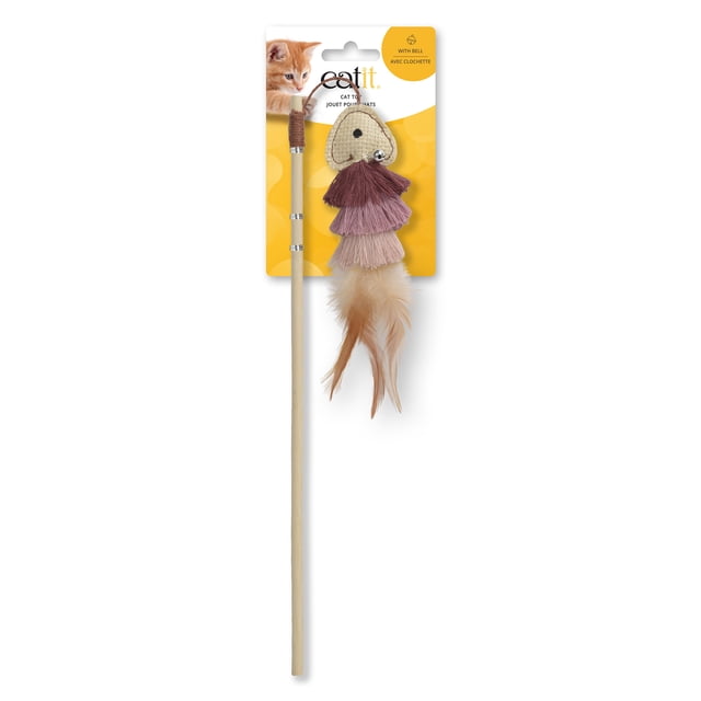 Catit Jouet pour Chat « Fish Teaser » avec Queue en Plumes, Comprenant une Baguette en Bois Naturel avec un Manche Enveloppé Brun, Attaché à un « Teaser » en Tissu en Forme de Poisson avec Glands Superposés en Bourgogne, mauve et beige, Plumes Naturelles, et une Petite Clochette pour Stimuler les instincts de Chasse des Chats et Encourager le Jeu Actif.