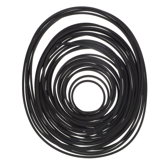Rubber Belts for Electronics Square Folded 30Pack 0.05X5.3In. A set of black rubber belts arranged in concentric circles, showcasing their flexible and durable design. Made of high-quality rubber, these belts are ideal for replacing or serving as spare parts in cassette tape machines, recorders, CD-ROM video players, personal stereos, and DVD drives. Suitable for printer replacement parts, offering excellent wear resistance and vibration absorption for reliable performance.