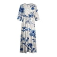 thumbnail image 4 of Women's Fashion Floral Boho Lapel V Neck Button Flowy Fall Dress Elegant Casual Drawstring Summer Tea Length A Line Dress 3/4 Sleeve Spring Clearance Workout Blue XL, 4 of 5